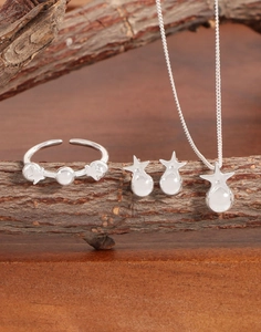 Detailed close-up of S925 sterling silver star jewelry set on rustic wood