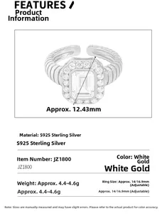 Detailed chart showing S925 silver ring specifications with rectangular zircon stone