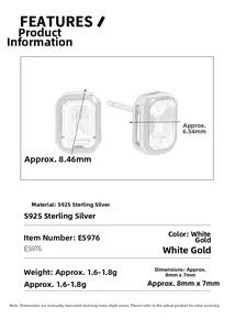 Detailed view of S925 sterling silver square zircon studs with size specifications