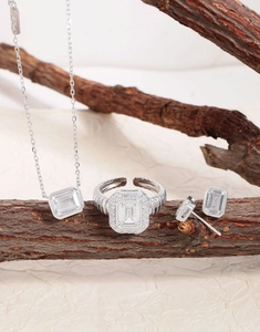 Detailed view of S925 sterling silver emerald-cut zircon jewelry set on wood branch