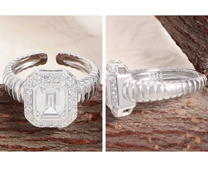 Close-up of S925 sterling silver twist band ring featuring a rectangular zircon stone