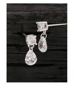 Macro detail of pear-cut zircon teardrop earrings in S925 sterling silver finish