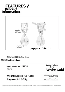 Detailed size specifications for S925 sterling silver pear-shaped zircon drop earrings