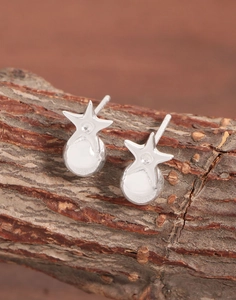Détail macro des boucles d'oreilles en argent S925 étoile et boule sur écorce