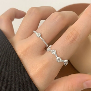 Minimalist S925 sterling silver beaded and wavy zircon open rings set for women