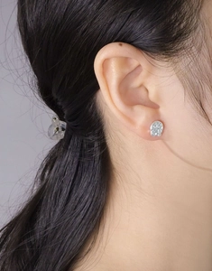 Close-up of S925 sterling silver stud earrings with irregular lava hammered texture on model
