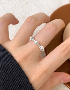 Detail of S925 sterling silver ring with polished star and bead elements worn on finger