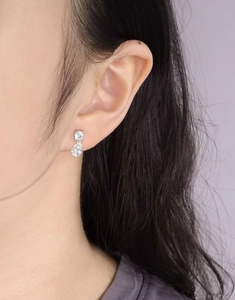 Macro shot of S925 sterling silver drop-shaped zircon earrings worn by a female model