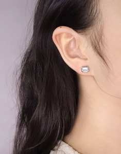 Close-up side view of minimalist rectangular zircon stud earring in S925 sterling silver