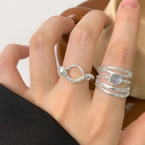 Natural Aquamarine S925 silver rings with snake texture and multi-layer design on hand