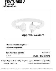 Detail view of S925 sterling silver shell ring showing 5.76mm size and weight specs