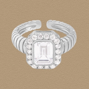 S925 Sterling Silver Emerald Cut Zirconia Open Ring Vintage Cable Twist Texture Adjustable Halo Engagement Finger Ring Women Jewelry