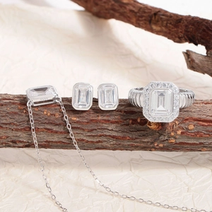 Elegant S925 sterling silver jewelry set featuring emerald-cut square zircon stones