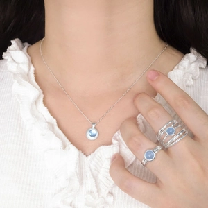 Natural aquamarine S925 sterling silver necklace and rings set with round blue gemstones