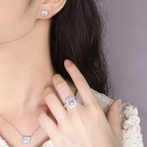 Minimalist S925 silver jewelry set with emerald-cut cubic zirconia ring, necklace and earrings
