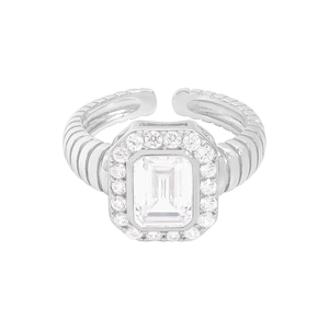 S925 sterling silver twist ring with emerald cut clear zircon and halo stones