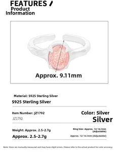 Detailed view of S925 sterling silver ring with 9.11mm oval pink strawberry quartz gemstone