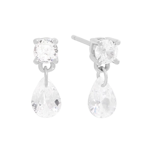 Minimalist S925 sterling silver drop earrings with pear-cut zircon crystals on white background