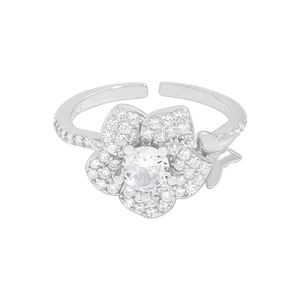 Elegante anello aperto in argento 925 con fiore di zirconi e motivo a farfalla