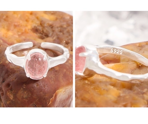 Detail of S925 sterling silver stamp and natural strawberry quartz gemstone on ring