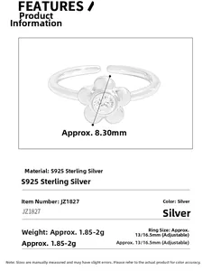 Detail of S925 sterling silver flower ring with zircon inlay and measurement specs