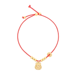 Adjustable red woven bracelet with gold money bag charm and beads for women