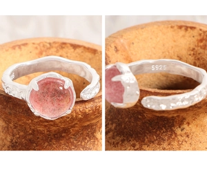 Detailed macro view of S925 sterling silver stamp on strawberry quartz open ring