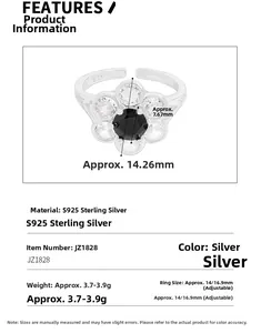 Detail of S925 sterling silver flower ring with black gemstone and white zircons