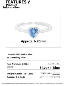 Macro detail of S925 sterling silver ring featuring a 6.2mm heart-shaped blue zircon stone