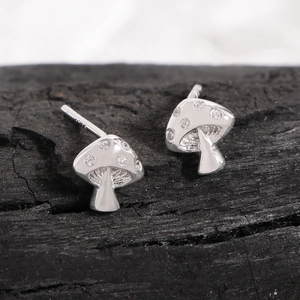 Minimalist S925 sterling silver mushroom stud earrings with sparkling cubic zirconia stones