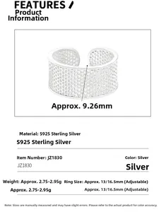 Specifiche dell'anello a nido d'ape in argento S925 con larghezza di 9,26 mm mostrata