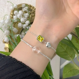 Bracelet multicouche en argent S925 avec pierre jaune pendentif cœur et perle claire