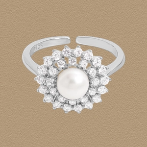 Sunflower Artificial Pearl Ring 925 Sterling Silver Cubic Zirconia Sparkling Elegant Open Adjustable Jewelry For Women