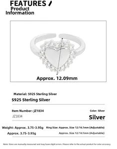 Spécifications de la bague coeur en argent 925 avec anneau ouvert ajustable