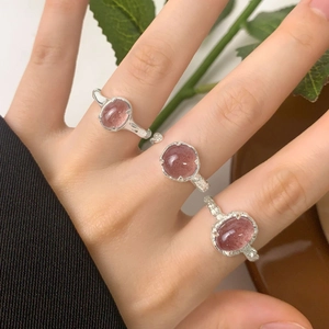 S925 Sterling silver strawberry crystal open ring set for women with pink gemstones