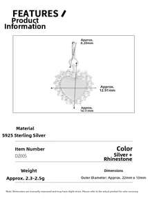 Detailed size specifications of S925 sterling silver heart pendant with zircon stones