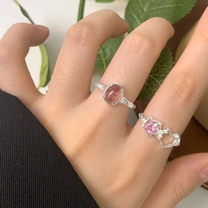 S925 sterling silver strawberry quartz open rings with heart and oval gemstones