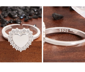 Détail de la bague coeur en argent S925 avec pavage de zircon et anneau ajustable
