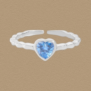 S925 Sterling Silver Heart Blue Zirconia Open Ring Elegant Wavy Adjustable Finger Ring For Women Korean Niche Design Jewelry