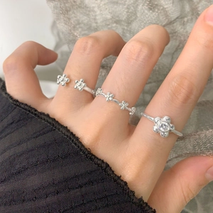 S925 sterling silver floral zircon ring set featuring adjustable minimalist flower designs