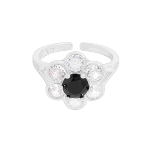 S925 sterling silver open flower ring with black zircon center and clear pavé stones