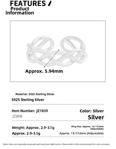 Detail of adjustable S925 sterling silver ring showing 5.94mm width and woven texture