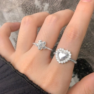 Bagues élégantes en argent sterling S925 avec cœur et fleur et zircons pour femme