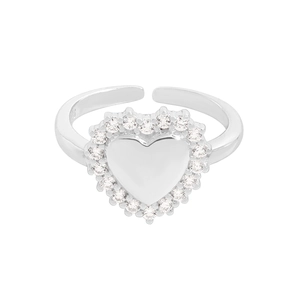 Bague ouverte ajustable en argent sterling 925 avec cœur et pierres de zircone brillantes