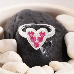 S925 sterling silver open heart ring featuring six vibrant rose red zircons in a silver finish