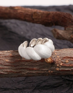 Macro detail of silver croissant ring with matte brushed texture on a wood branch