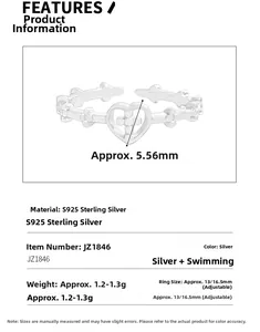 Detailed specs of S925 sterling silver open ring with heart and clover design