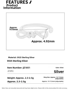 Detailed specs of S925 sterling silver bow knot ring showing weight and adjustable size