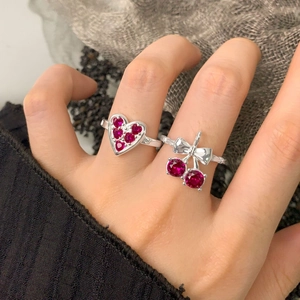 S925 sterling silver rings set with heart-shaped zircon and cherry bow designs