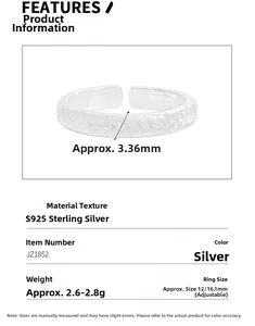 Detailed specs of the 3.36mm wide braided S925 sterling silver adjustable open ring